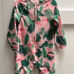 Old Navy Pink Flamingo & Green Palm-Print Baby Sunsuit Size 18-24m